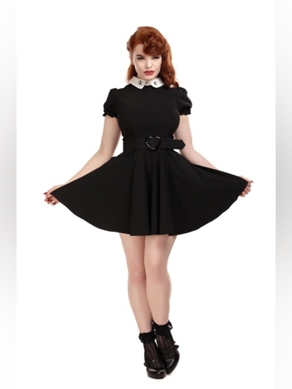 Collectif Black Mini Dress w/ Cresent Moon White Peter Pan Collar And Heart Belt
